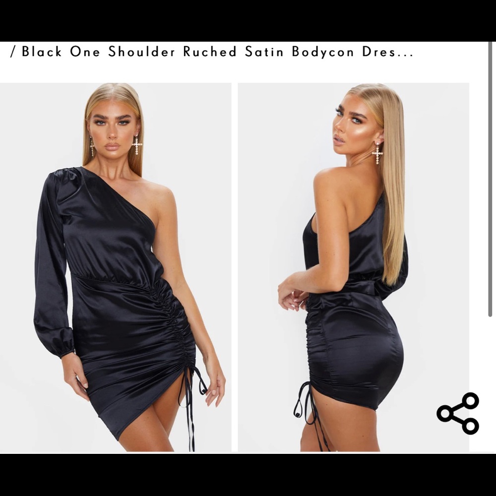 New with tags satin one shoulder ruched dress. side/leg strap is adjustable.